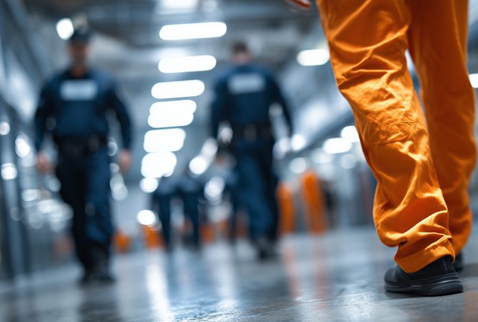 Prison hallway scene with rear-facing inmate in orange jumpsuit,